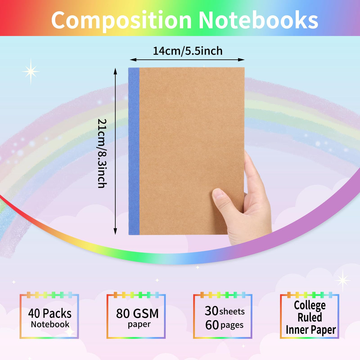 EOOUT 5 Pack A5 Composition Notebook, Kraft Lined Journal Bulk with Rainbow Spine, 5 Colors, 60 Pages for Women Girls Kids, School Office Supplies