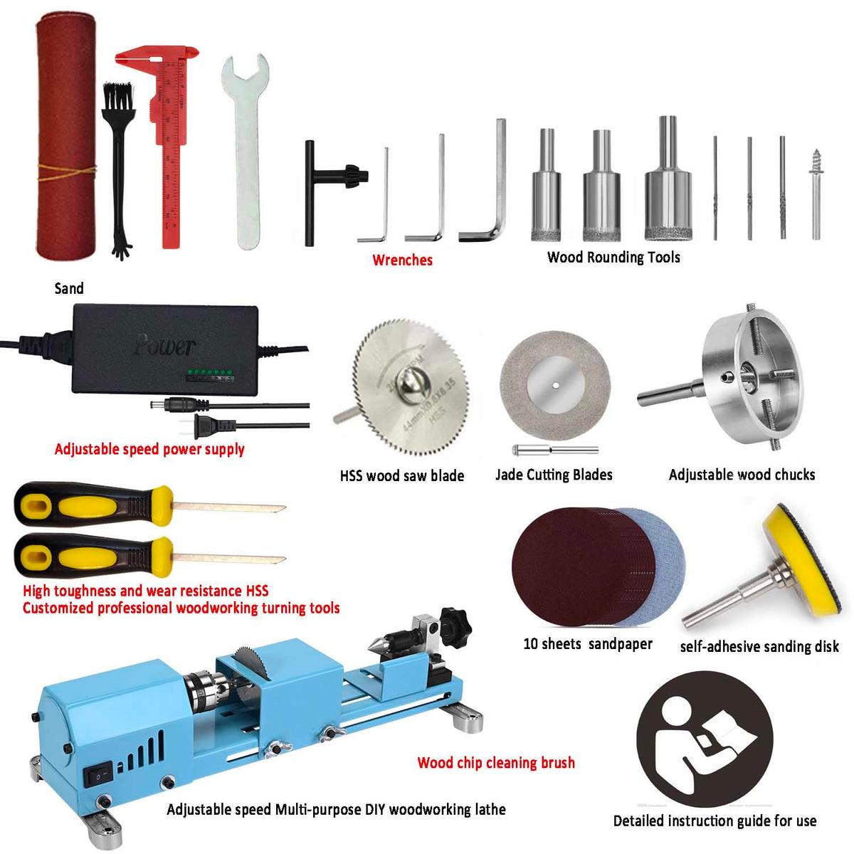 Mini Lathe Wood Lathe Machine Multi-Purpose Type Lathe Milling Cutting Grinding Polishing Professional Table Top Lathe Tool Kit