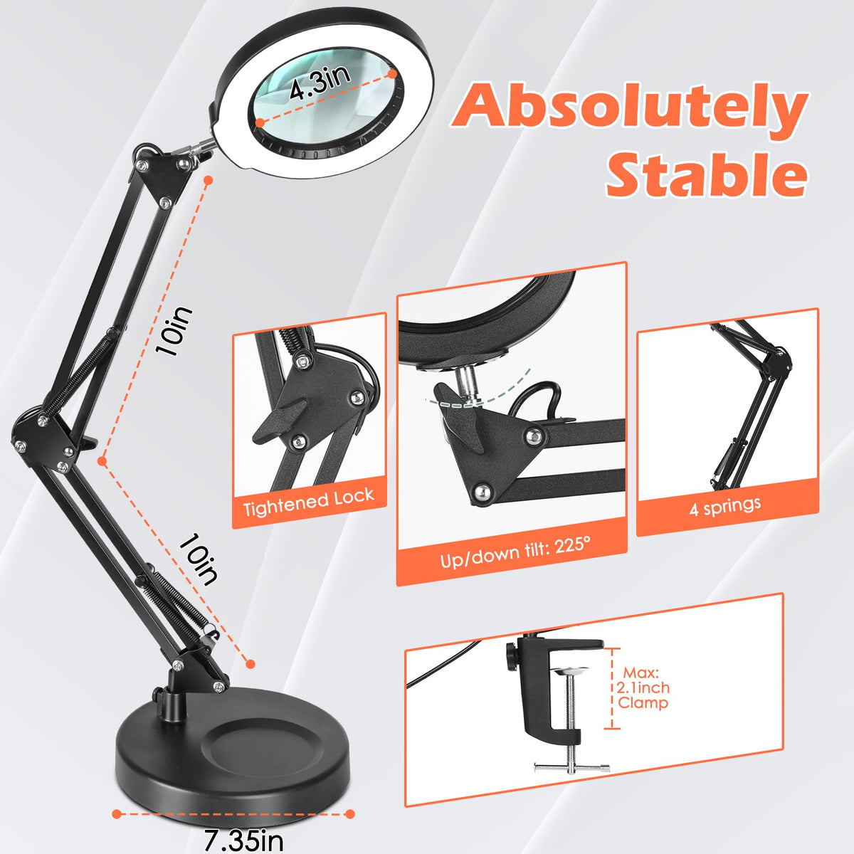 30X 12X Square Magnifying Glass with Light and Clamp, 36'' Ultra Long Lamp