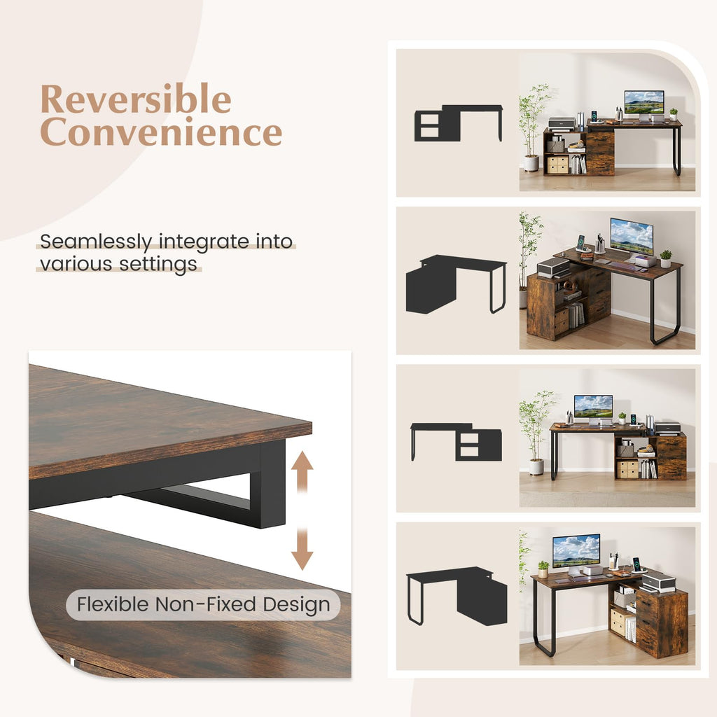 Tangkula 55" Reversible L Shaped Desk with 3 Drawers, Home Office Desk with Adjustable Shelf & Power Outlet, Study Writing Table, Computer Workstation for Small Space, Corner Desk (White)