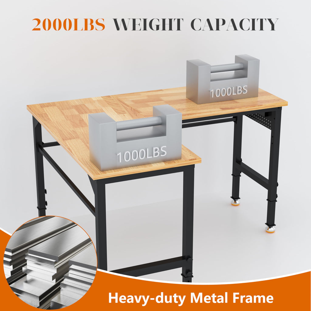 Betterhood 48" Heavy-Duty Adjustable Workbench for Garage, Rubber Wood Shop Table W/Metal Wheels, Hardwood Workstation Weight Capacity Over 2000 Lbs with Wheels