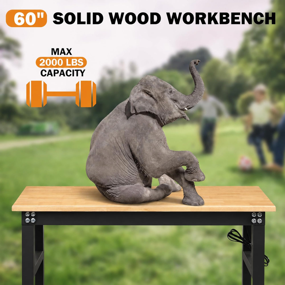 Betterhood 48" Heavy-Duty Adjustable Workbench for Garage, Rubber Wood Shop Table W/Metal Wheels, Hardwood Workstation Weight Capacity Over 2000 Lbs with Wheels