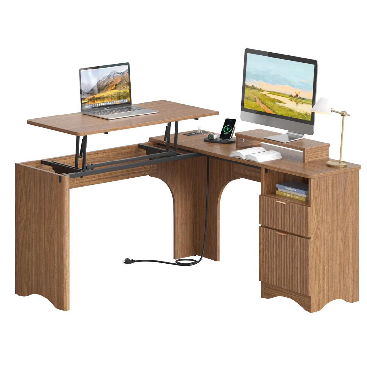 Bestier: 55" L-Shaped Student Study Desk with Manual Lift Top, USB Charging & File Drawer