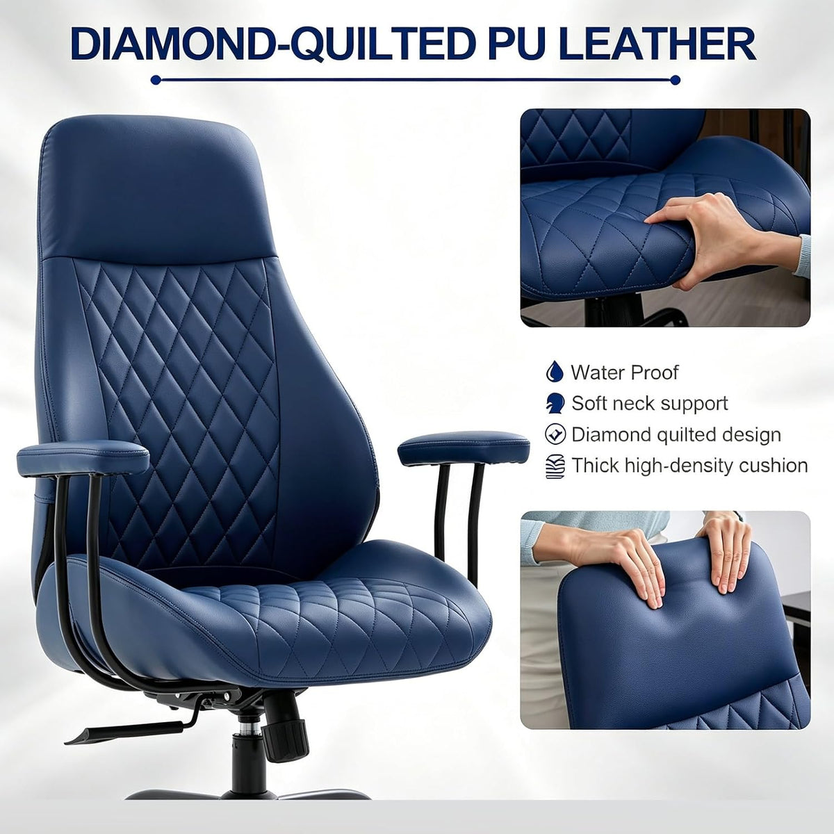 E-Motie Leather Office Chair, Mid Century Modern Desk Chair, Blue