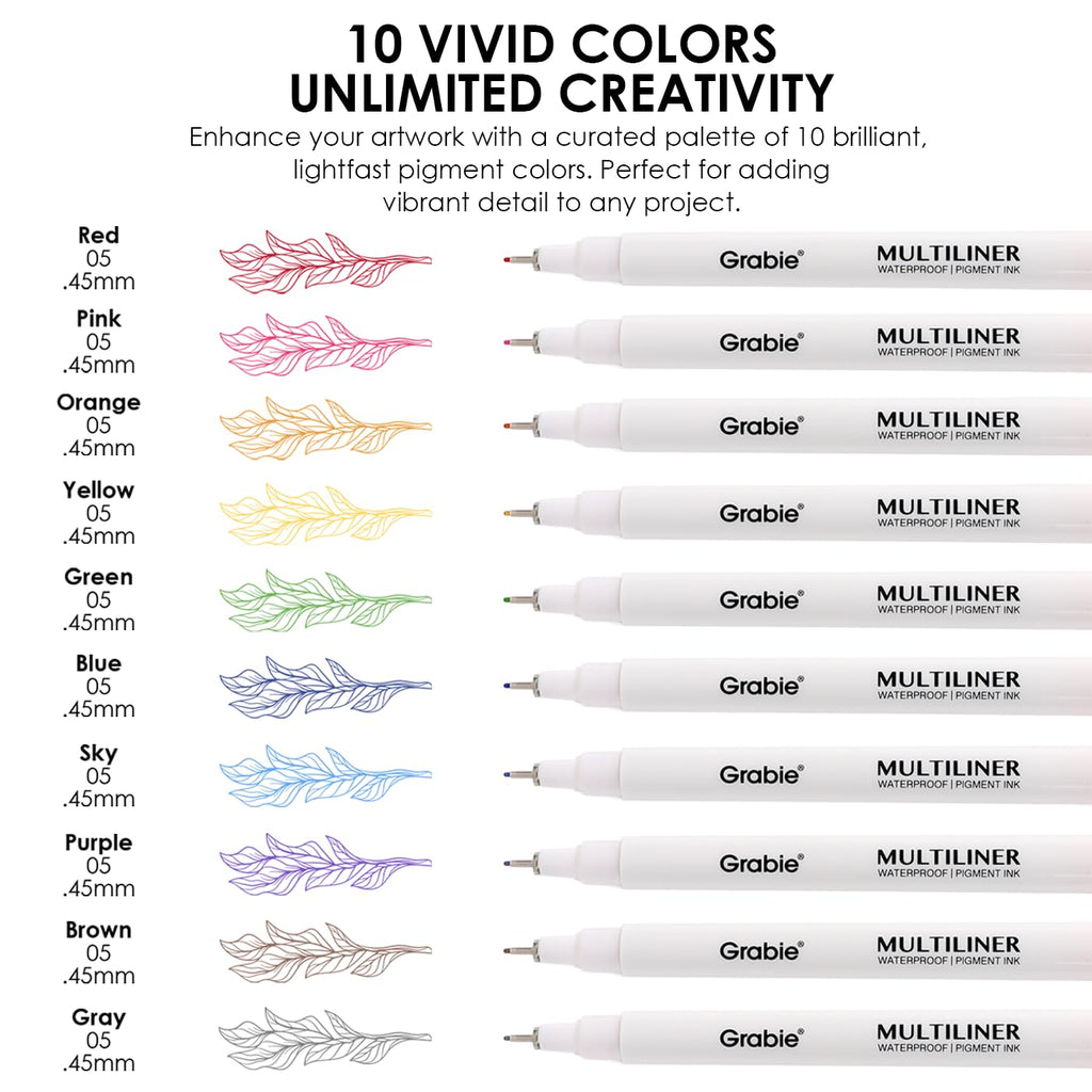 Grabie Micro Fineliner Pens, 10 Multicolor Waterproof Drawing Pens