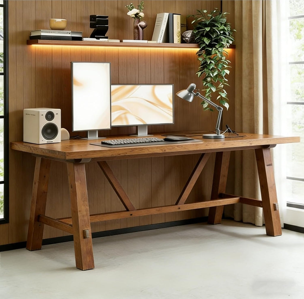 LITTLE TREE 70.87-Inch Solid Wood Student Desk, Rustic Brown
