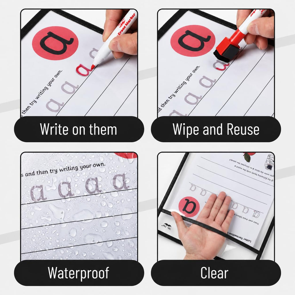 Mr. Pen- Reusable Dry Erase Pocket Sleeves, 10" x 14", 6 Pack, Colorful