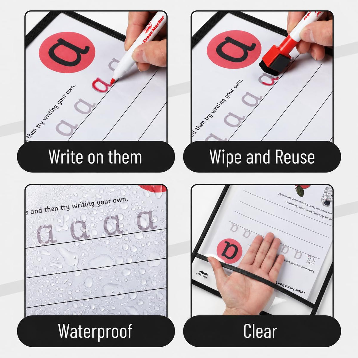 Mr. Pen- Reusable Dry Erase Pocket Sleeves, 10" x 14", 6 Pack, Colorful