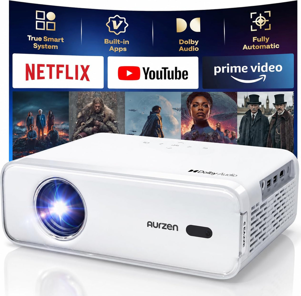Aurzen Roku TV D1R Smart Portable Outdoor Projector with WiFi and Bluetooth