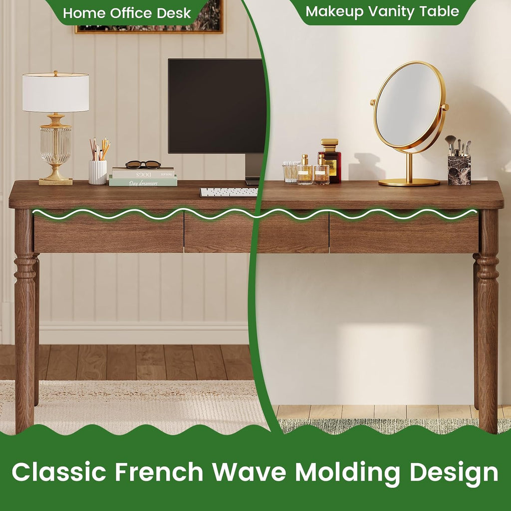 SEDETA Solid Pine Wood Computer Desk, 47'' Executive Home Office Desk with 3 Wood Drawers for Work Study Writing Bedroom, Makeup Vanity Desk, Brown