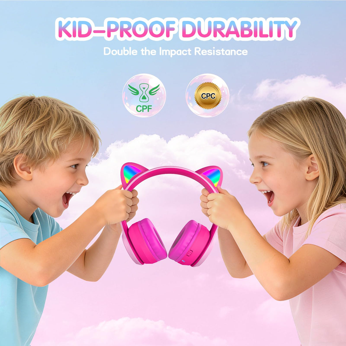 IFECCO Kids Bluetooth Headphones with Case,Cute LED Light Up Cat Ears