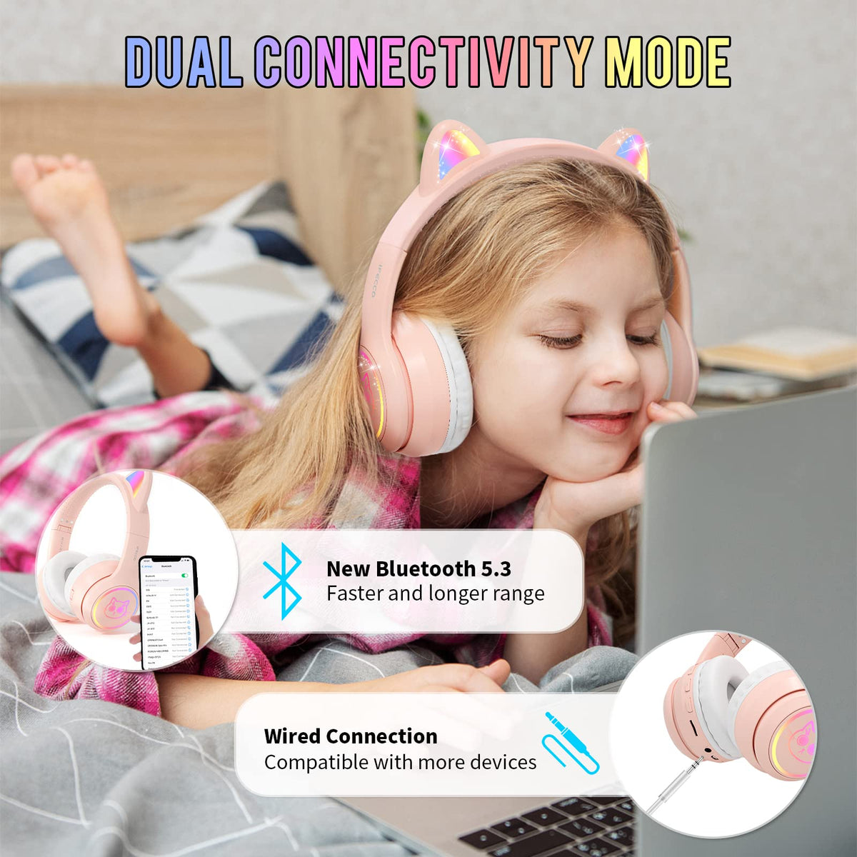 IFECCO Kids Bluetooth Headphones with Case,Cute LED Light Up Cat Ears