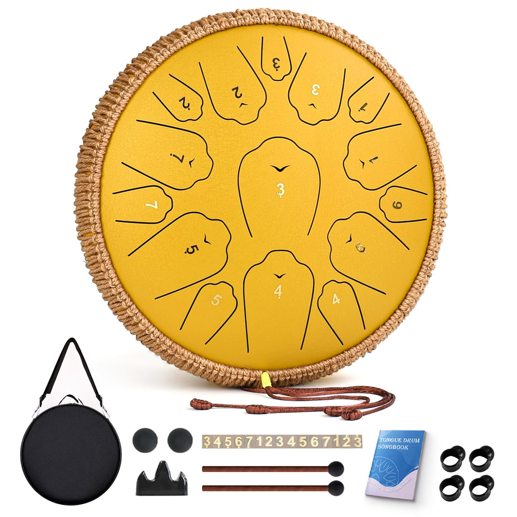 QingShi 14" Steel Tongue Drum — 15-Note C Major Hand Pan with Accessories