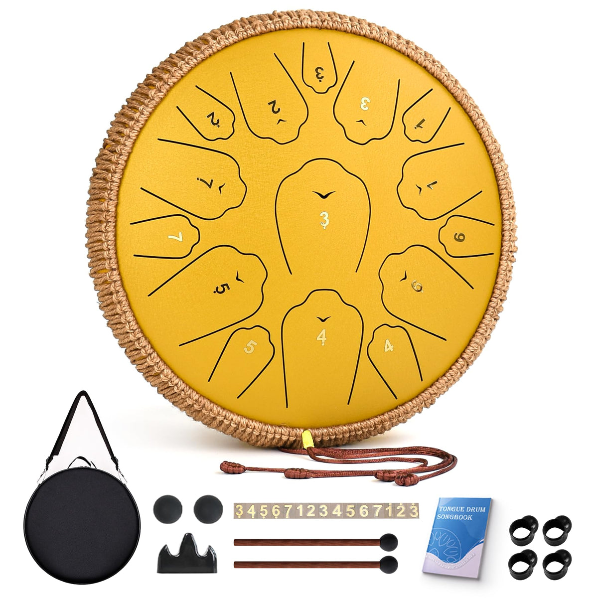 QingShi 14" Steel Tongue Drum — 15-Note C Major Hand Pan with Accessories