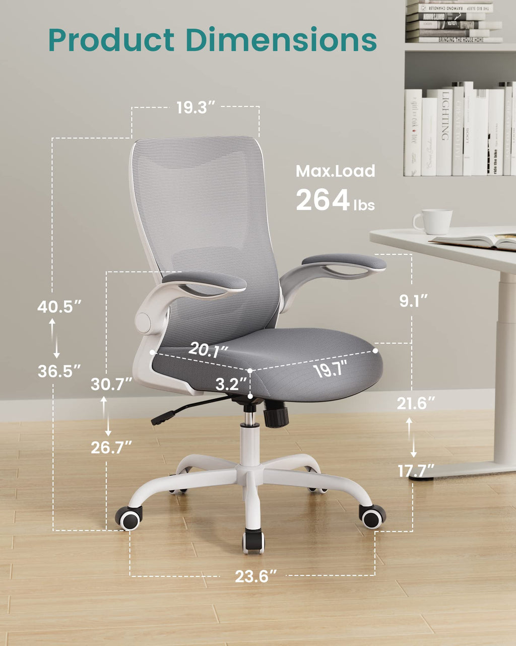 MUXX.STIL Office Chair, Ergonomic Desk Chair with Adjustable Lumbar Support and Flip up Armrest, Breathable Mesh Computer Chair for Home Office, Khaki