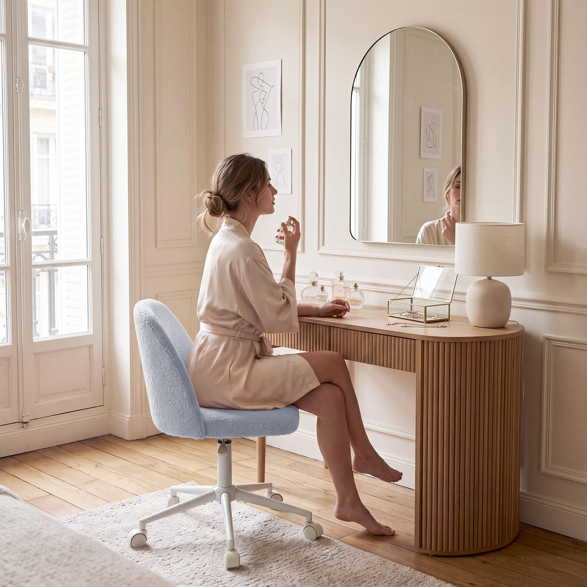 White Vanity Chair with Wheels＆Back, Armless Cute Desk Chair