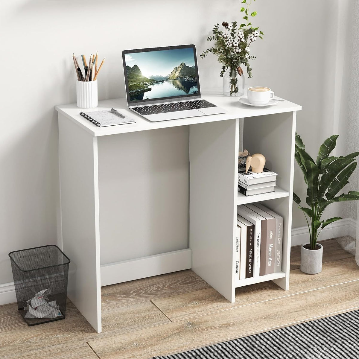 LDAILY Small Desk with 2-Tier Shelves, Compact Computer Writing Desk(White)