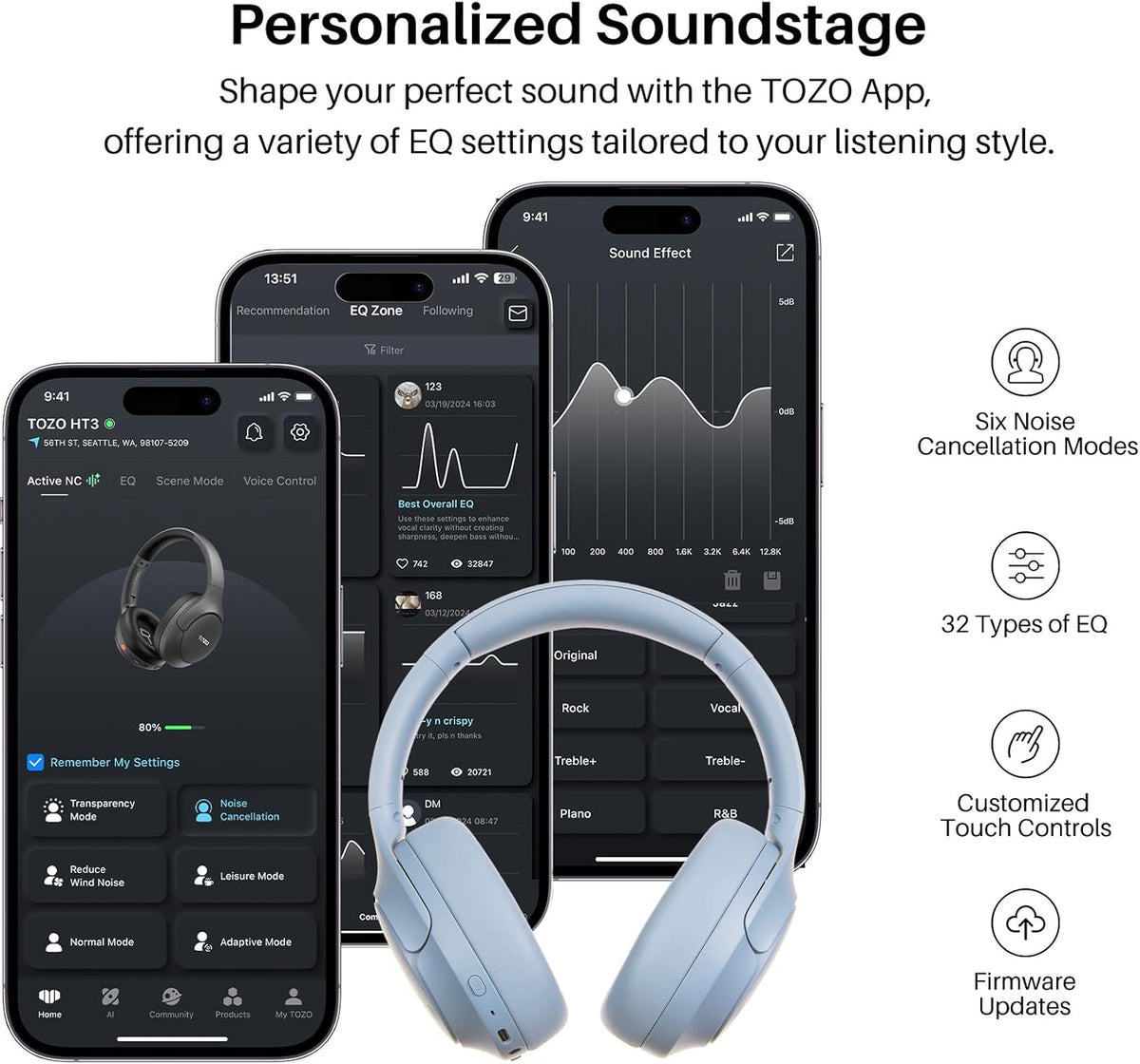 TOZO HT3 Hybrid Noise Cancelling Wireless Headphones, 90H Over Ear Headset