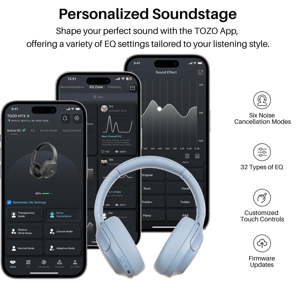TOZO HT3 Hybrid Noise Cancelling Wireless Headphones, 90H Over Ear Headset