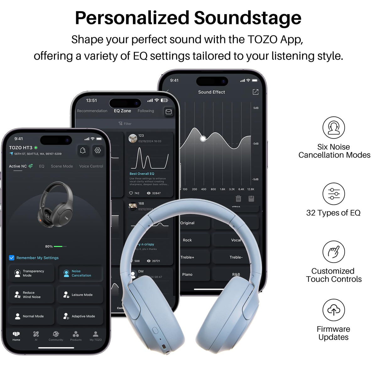 TOZO HT3 Hybrid Noise Cancelling Wireless Headphones, 90H Over Ear Headset