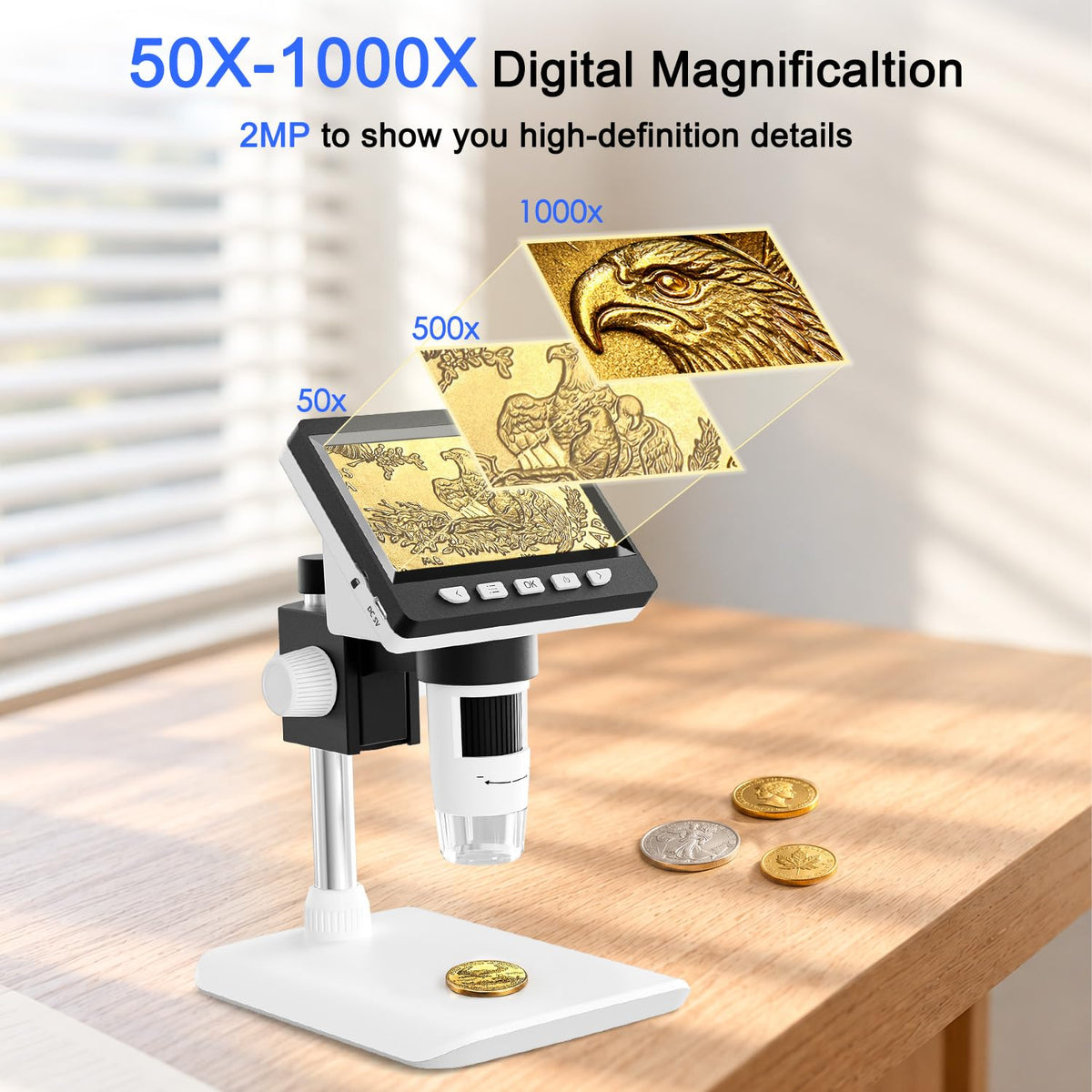 4.3" Digital Microscope for Adults, SKYEAR Coin Microscope 1000X Magnification with 8 Ajustable LED Fill Lights, USB Microscope for Windows/MacOS, Coin Collection Supplies-Black