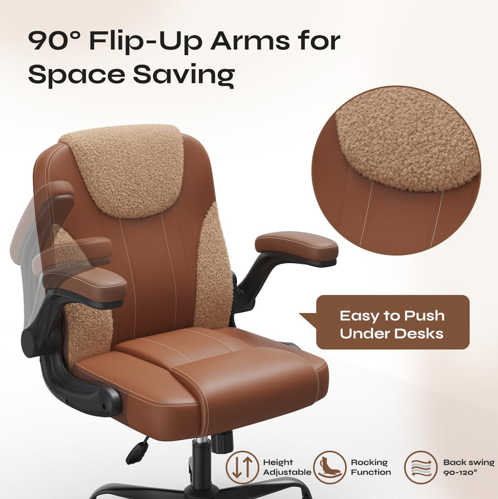 PU Leather Mid-Back Office Chair, Flip-Up Arms, 3.5" Dual-Layer Cushion