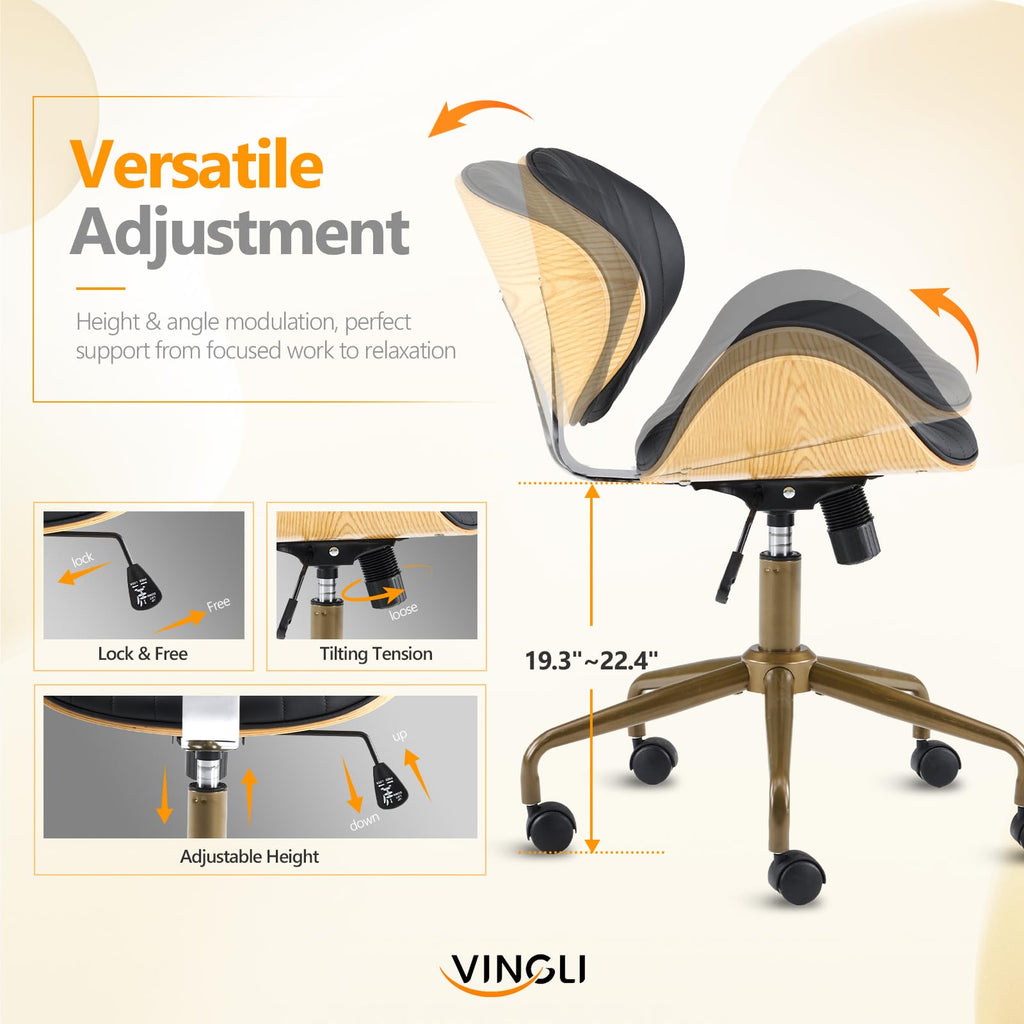 VINGLI Wide Comfotable Swivel Home Office Chair with Wood-Grain Curved Shell,Ergomomic Mid-Back Padded Armless Modern Desk Chair with Wheels,Height Adjustable for Computer,Task,Work,Microfiber,Rustic