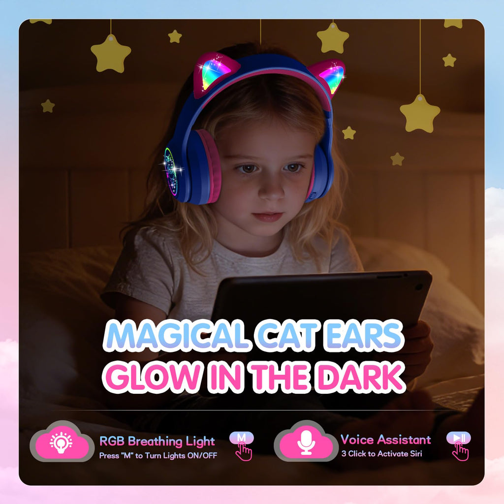 IFECCO Kids Bluetooth Headphones with Case,Cute LED Light Up Cat Ears