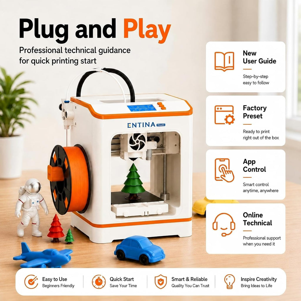 Entina Tina2C 3D Printer for Beginners, Fully Assembled Starter Mini 3D Printer, Start in 8 Mins, App & WiFi Control, Auto Leveling, 3500+ Model Library, 25+ Creative DIY Modules for STEM, Home