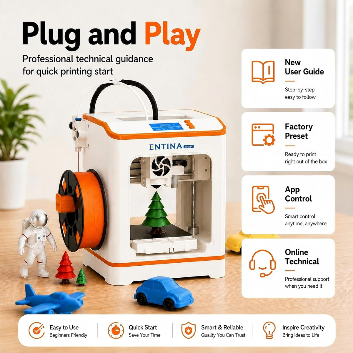 Entina Tina2C 3D Printer for Beginners, Fully Assembled Starter Mini 3D Printer, Start in 8 Mins, App & WiFi Control, Auto Leveling, 3500+ Model Library, 25+ Creative DIY Modules for STEM, Home