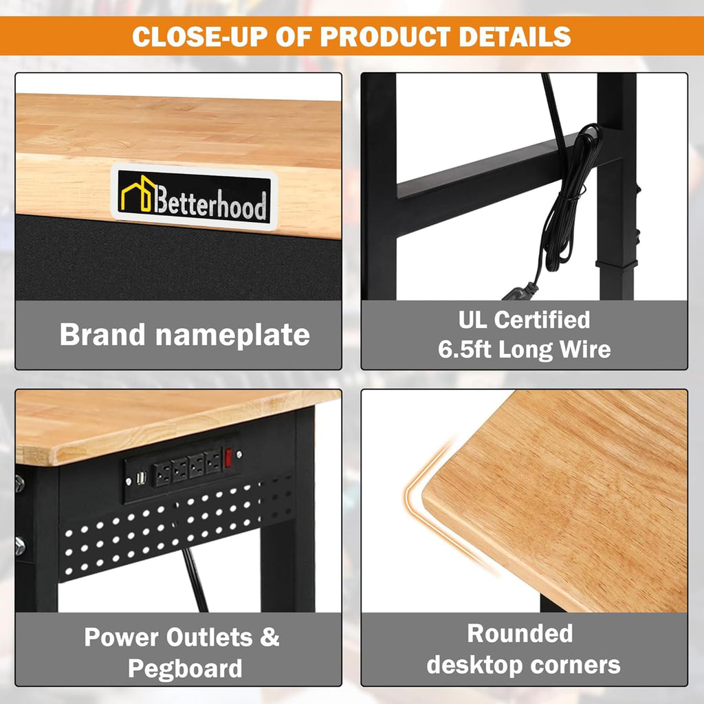 Betterhood 48" Heavy-Duty Adjustable Workbench for Garage, Rubber Wood Shop Table W/Metal Wheels, Hardwood Workstation Weight Capacity Over 2000 Lbs with Wheels