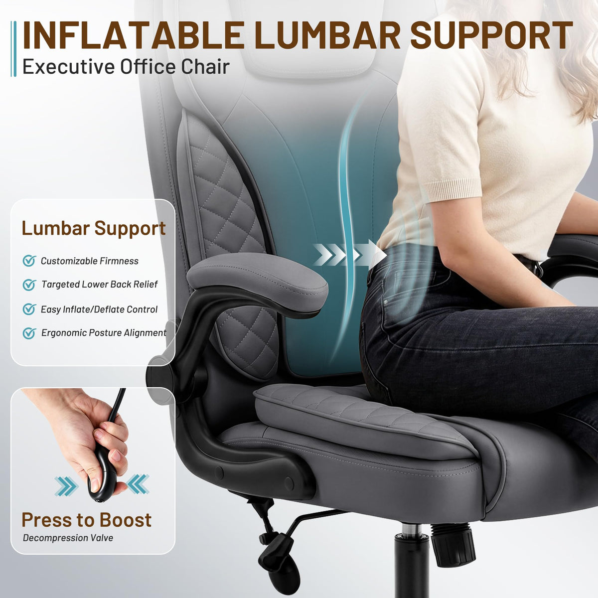 Ergonomic Office Chair, PU Leather High Back Executive Chair with Adjustable Inflatable Lumbar Support and Padded Flip-Up Arms, Recline Swivel Task Computer Chair for Home Office, Khaki