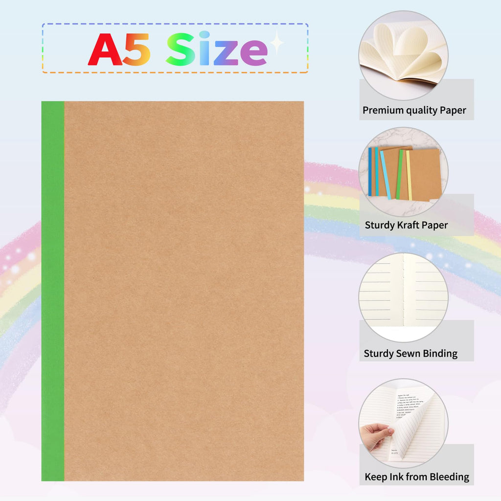 EOOUT 5 Pack A5 Composition Notebook, Kraft Lined Journal Bulk with Rainbow Spine, 5 Colors, 60 Pages for Women Girls Kids, School Office Supplies