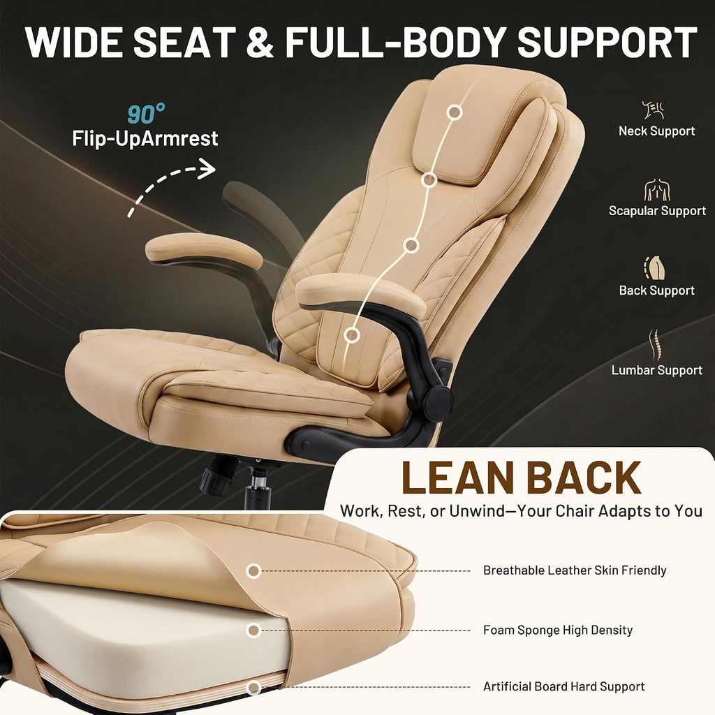 Ergonomic Office Chair, PU Leather High Back Executive Chair with Adjustable Inflatable Lumbar Support and Padded Flip-Up Arms, Recline Swivel Task Computer Chair for Home Office, Khaki