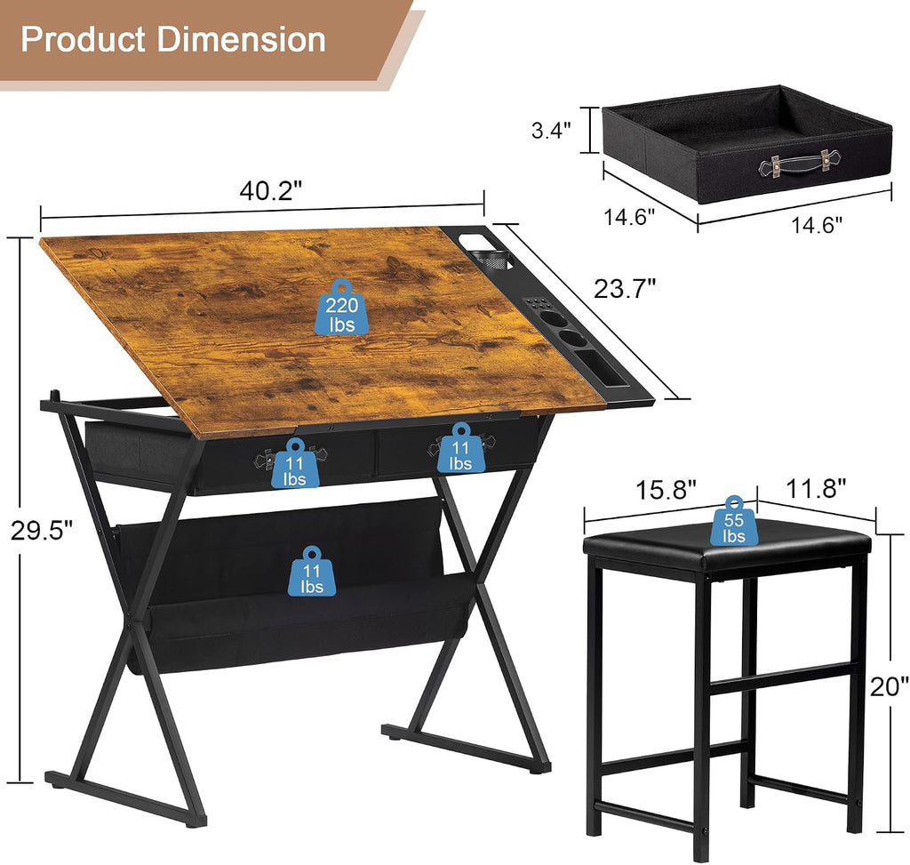 VECELO Adjustable Drafting and Art Desk with Stool