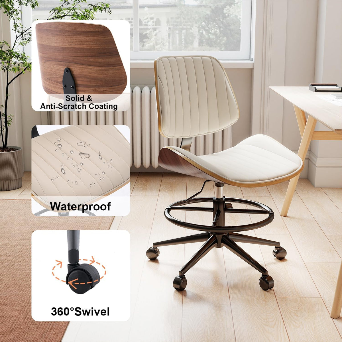 Drafting Chair, Ergonomic Office Chair with Walnut Wood Back Support, Armless PU Leather Desk Chair with Height-Adjustable, Thick Cushion for Home Office, Drafting, Art Studio (Beige)