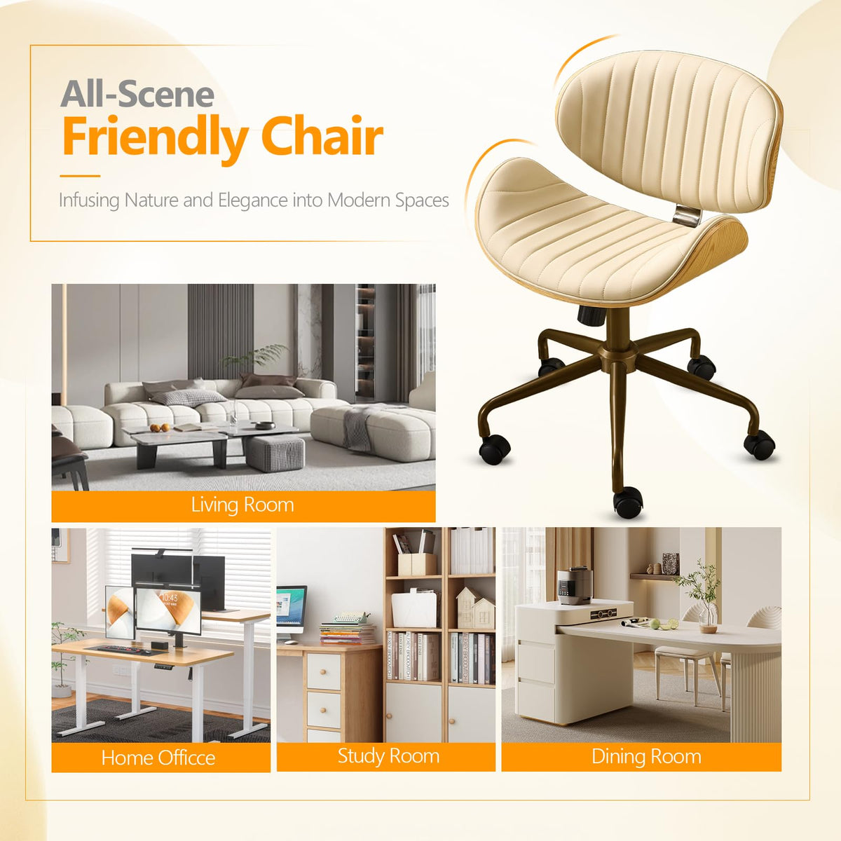 VINGLI Wide Comfotable Swivel Home Office Chair with Wood-Grain Curved Shell,Ergomomic Mid-Back Padded Armless Modern Desk Chair with Wheels,Height Adjustable for Computer,Task,Work,Microfiber,Rustic