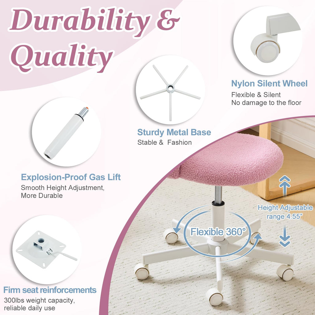 VINGLI Cute Candy Chair Armless Comfy Small Office Desk Vanity Chair with Wheels & Lumbar Support,Teddy Adjustable Rolling Swivel Computer Task Ch for Home Office,Bedroom,Gentle Pink