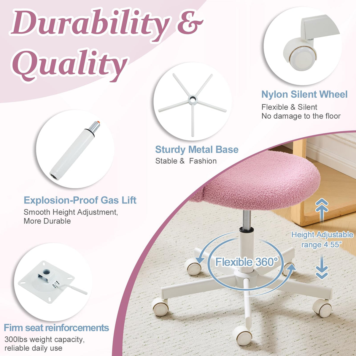 VINGLI Cute Candy Chair Armless Comfy Small Office Desk Vanity Chair with Wheels & Lumbar Support,Teddy Adjustable Rolling Swivel Computer Task Ch for Home Office,Bedroom,Gentle Pink