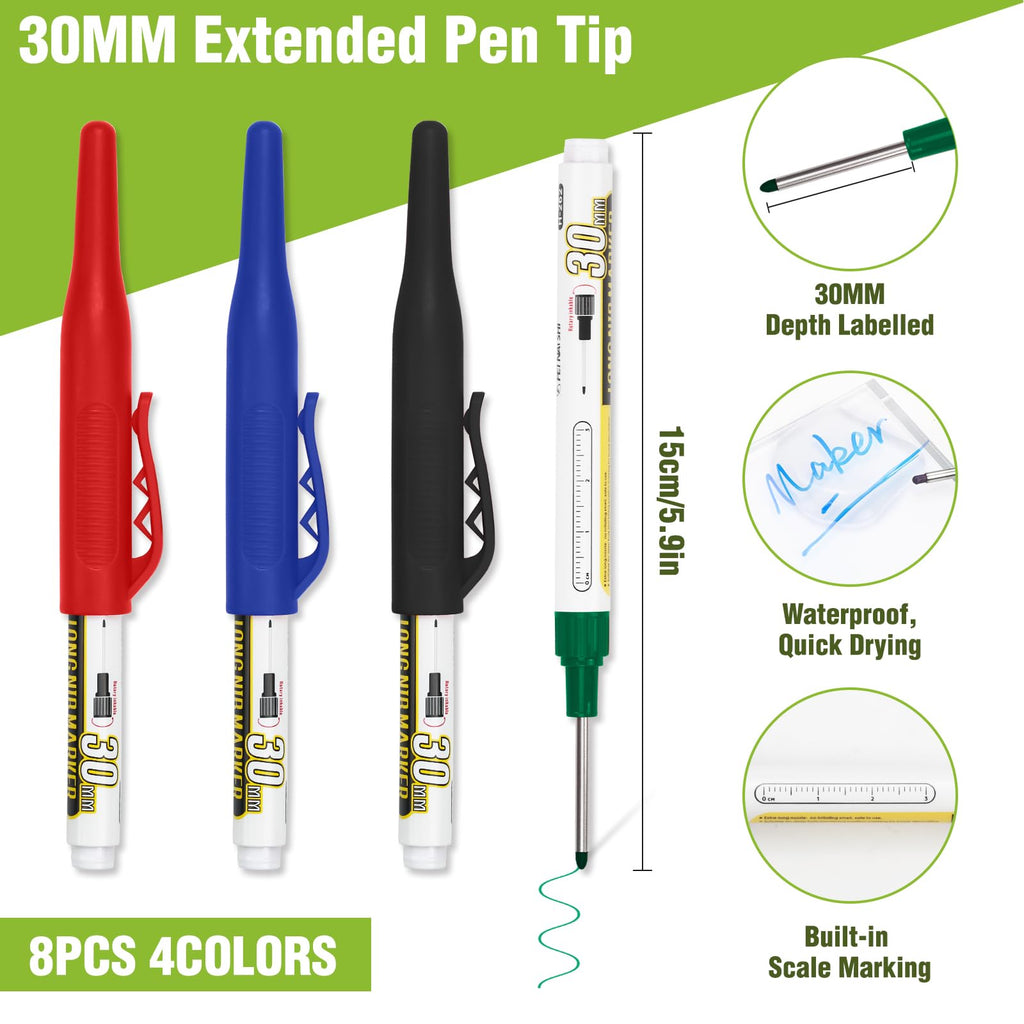 8pcs Long Nib Marker, Long Head Deep Hole Marker Pens, Waterproof Construction Markers Marking Tool, Multi-Purpose Deep Reach Pen Makes For Metal, Carpenter, Woodworking, Gift for Father's Day