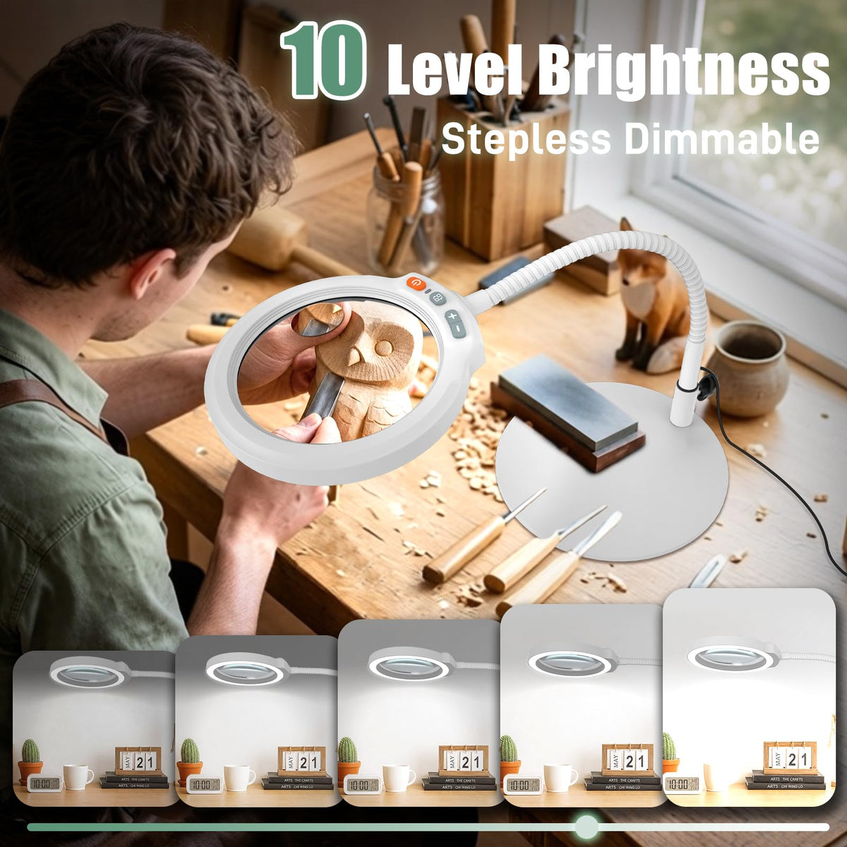 30X 10X Large Magnifying Glass with Light and Stand, 5-Inch Optical Grade HD Lens, 5 Color Modes Stepless Dimmable LED Desk Lamp, Hands Free Gooseneck Lighted Magnifier for Craft Painting Close Work