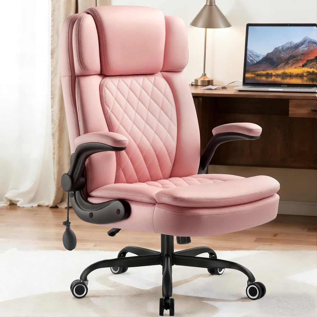 450LBS Big and Tall Executive Office Chair with Flip up Arm, Heavy Duty PU Leather Computer Desk Chair,Comfortable High Back Swivel Home Office Chair with Rolling for Adults,Spring Cushion,Metal Base
