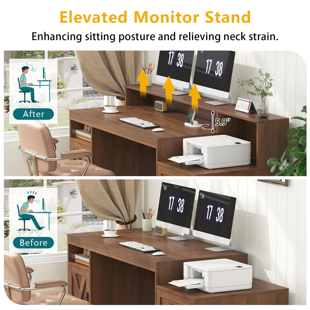 65" Farmhouse Computer Desk with Drawers and Printer Stand for Home Office