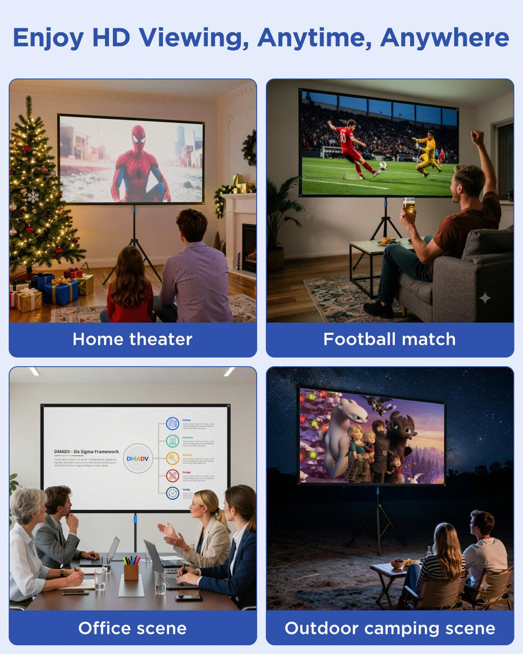 Projector Screen with Stand, 80 Inch Portable Projector Screen Outdoor Indoor, 1.2 Gain Fiberglass Projection Screen, 16:9 Outdoor Movie PVC Screen with Carrying Bag for Movie Night(White Screen)