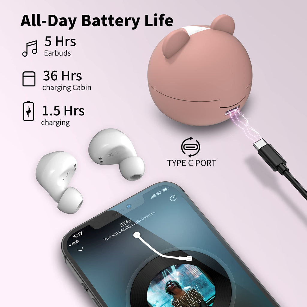 Wireless Earbuds for Kids, Headphones with Cute Panda Charging Case with Mic, Noise Cancelling,Typ-C, 3D Stereo Waterproof Bluetooth Buds for Sport & Outwork,3 x Ear caps(S,M,L)