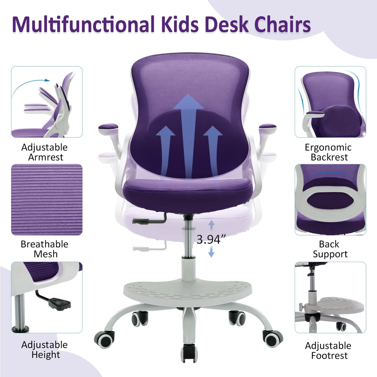 Kids Desk Chair,Ergonomic Study Chair with Adjustable Height,Swivel Mesh Desk Chair with Wheels,Home Office Chair for Children in Home Bedroom Blue