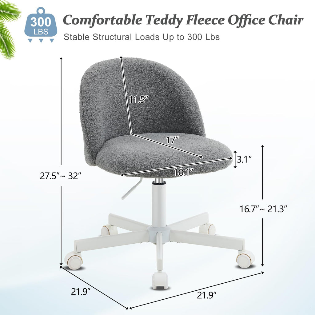 VINGLI Cute Candy Chair Armless Comfy Small Office Desk Vanity Chair with Wheels & Lumbar Support,Teddy Adjustable Rolling Swivel Computer Task Ch for Home Office,Bedroom,Gentle Pink