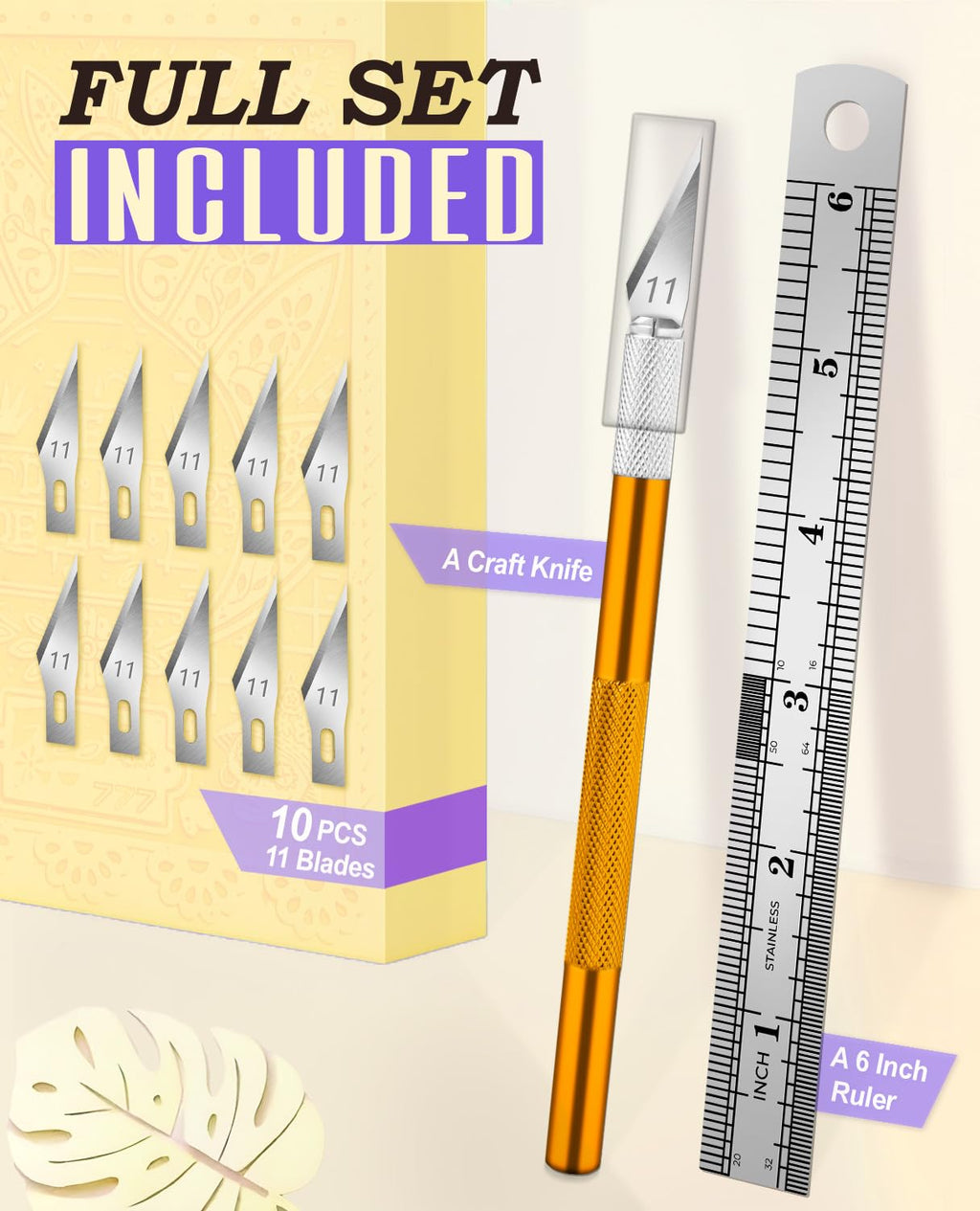 DIYSELF Craft Hobby Knife Set with 10 Extra #11 Blades, 6-Inch Metal Ruler