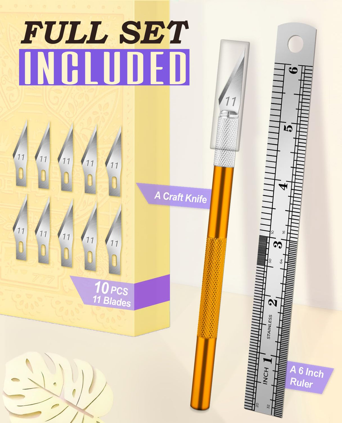 DIYSELF Craft Hobby Knife Set with 10 Extra #11 Blades, 6-Inch Metal Ruler