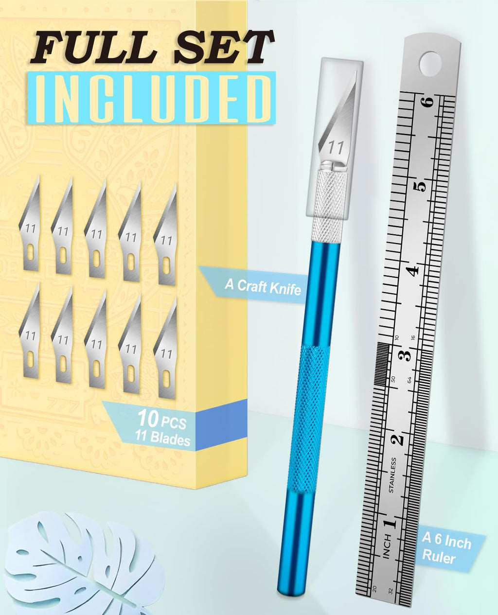 DIYSELF Craft Hobby Knife Set with 10 Extra #11 Blades, 6-Inch Metal Ruler